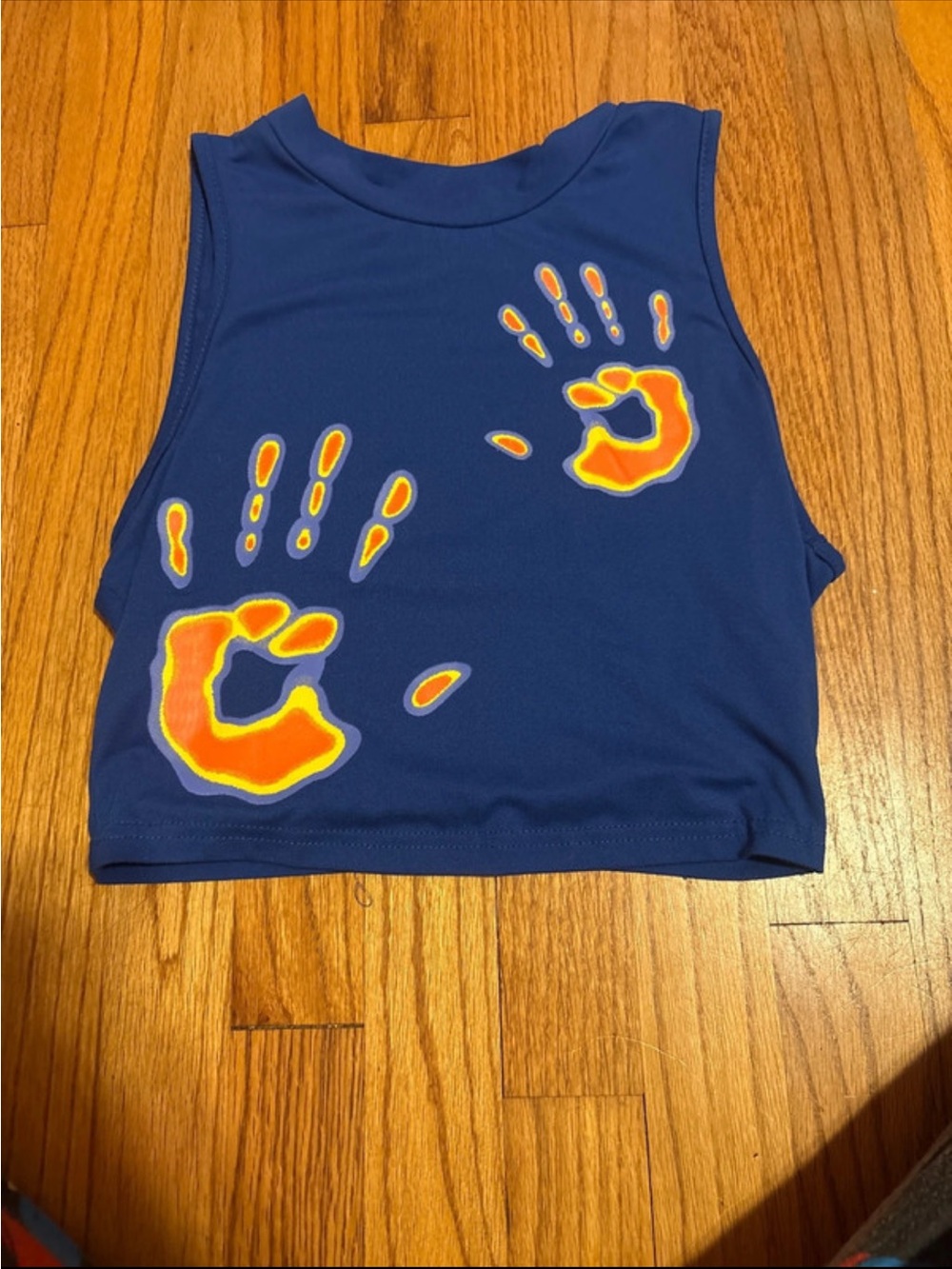 Navy Blue Graphic Crop Tank Top with Orange Handprint Design
